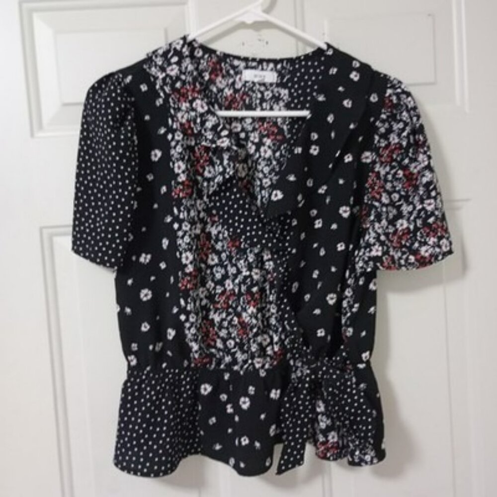 Athropologie Mine Black Floral V Neck Flared Wrap Up Blouse Top Size L Women's